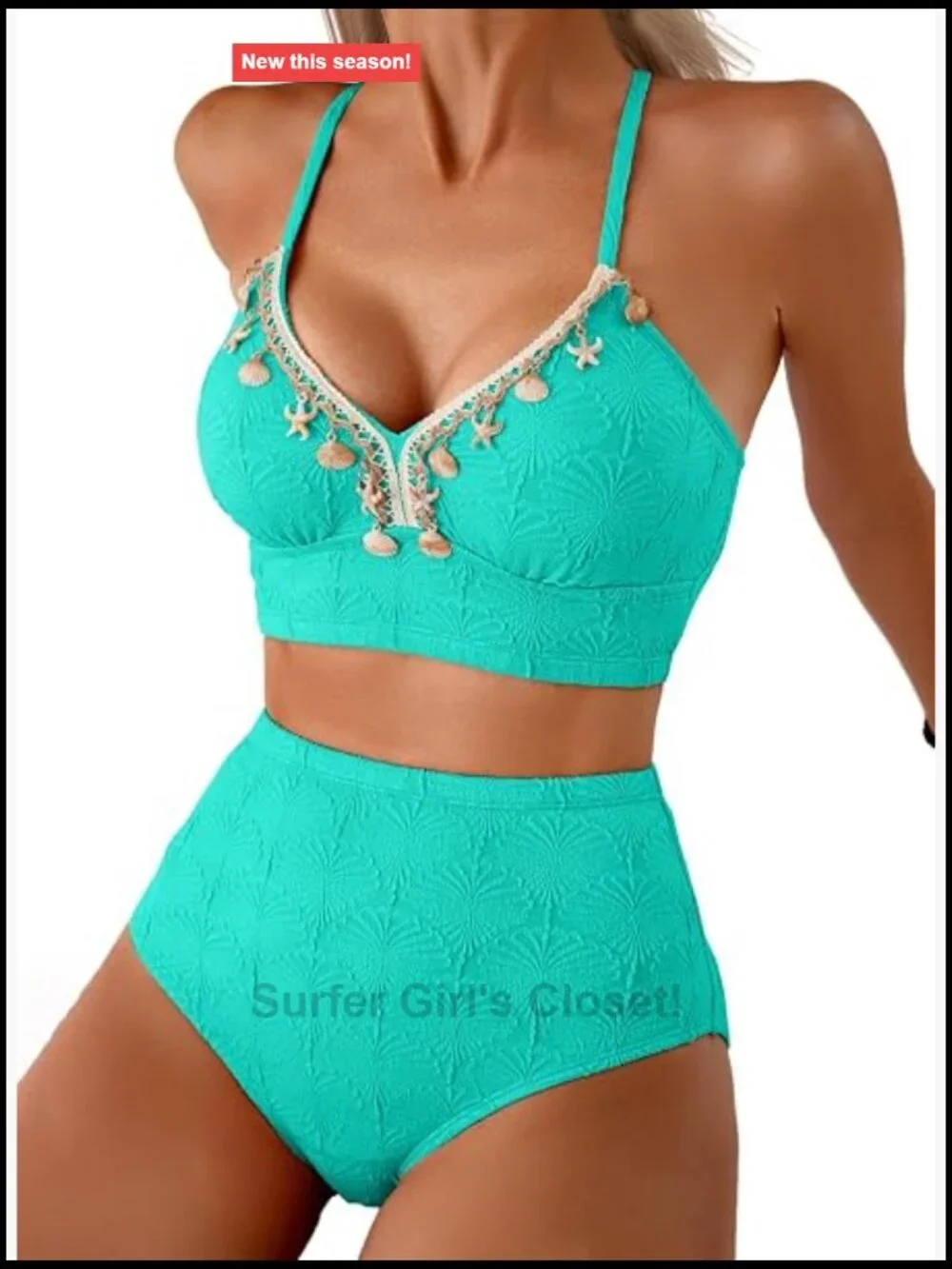 Seashell Textured High Waisted Bikini Set Stitching Ribbon Shell Decoration